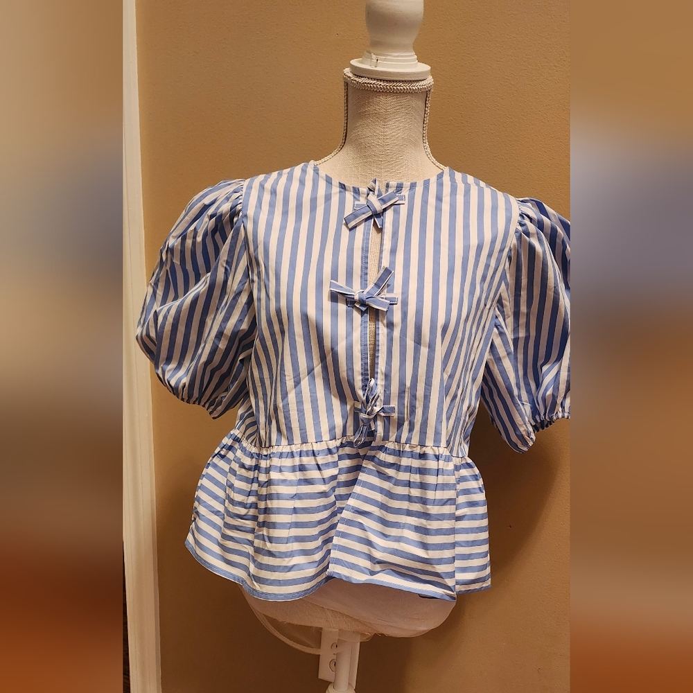 Marc New York Blue and White Puff Sleeve Peplum Blouse